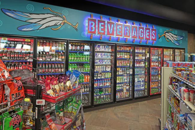 Glass display doors on a convenience store walk-in cooler