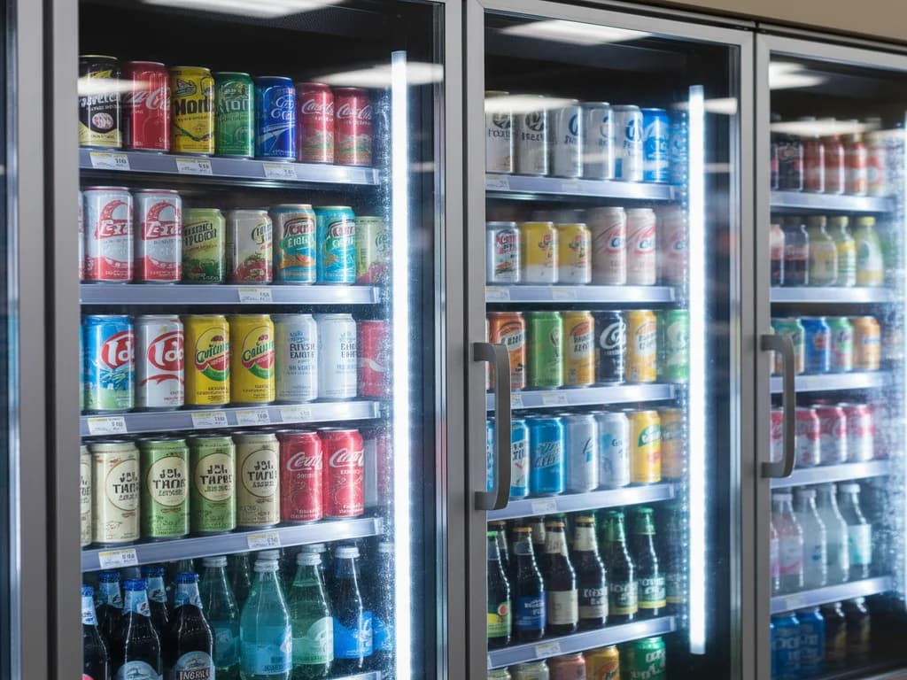 Close-up of a commercial display cooler with clear anti-fog glass doors showcasing beverages