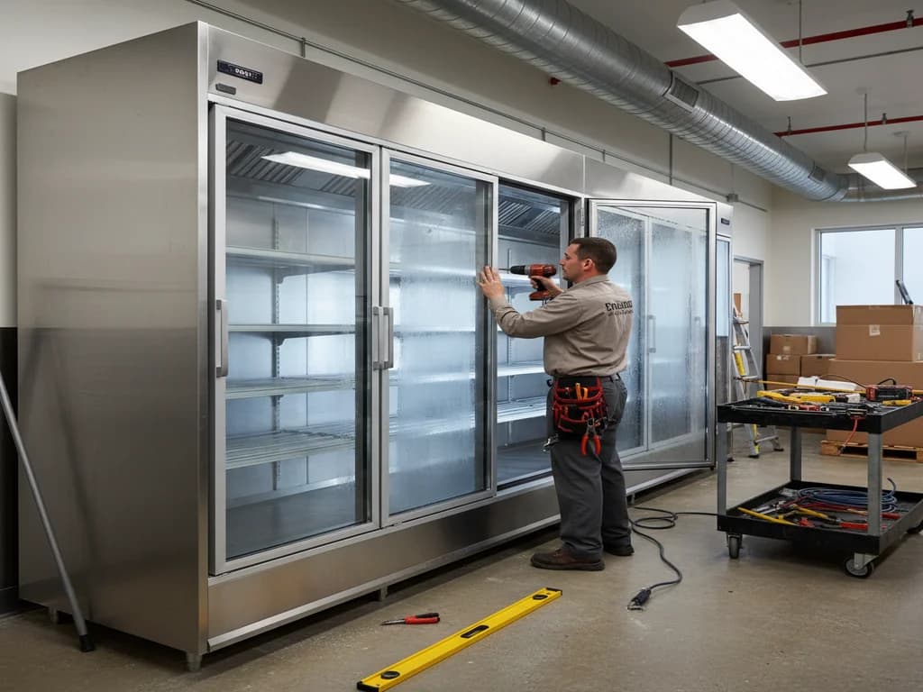Installation technician leveling a new commercial glass-door display cooler in a retail setting
