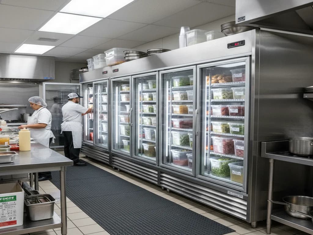 Stainless steel commercial reach-in refrigerators installed on a restaurant kitchen line