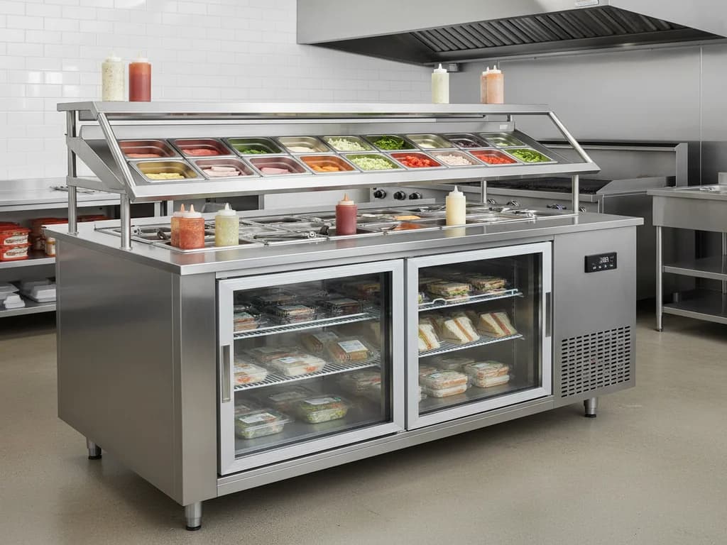 Commercial refrigerated prep table with stainless steel work surface installed in a sandwich shop
