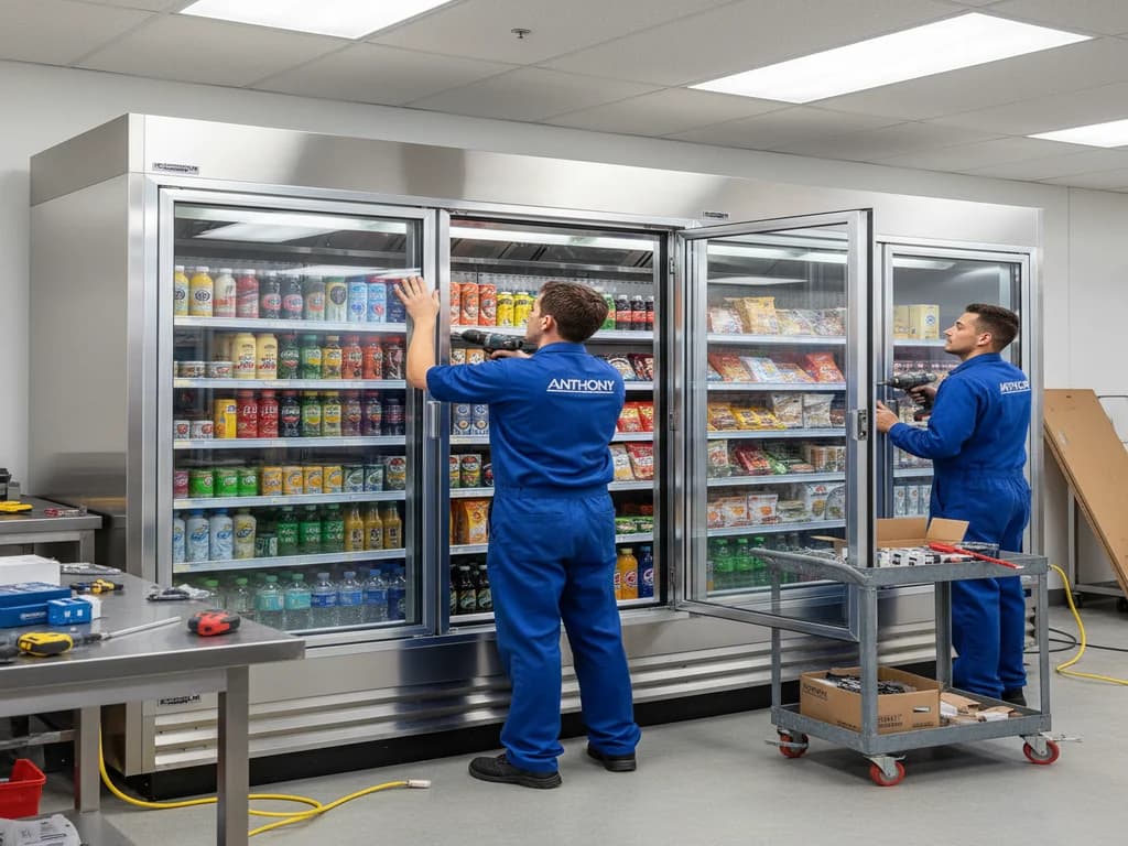Installation crew mounting Anthony glass display doors on a commercial walk-in cooler