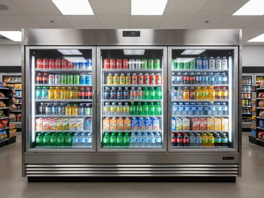 Commercial reach-in display merchandiser with LED-lit glass doors in a convenience store
