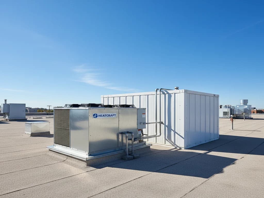 Heatcraft remote condensing unit installed on a rooftop serving a commercial walk-in cooler inside the building