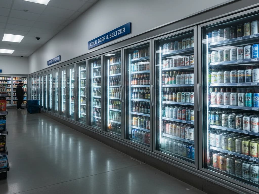 Large commercial walk-in cooler beer cave with multiple glass doors stocked with beer and hard seltzers