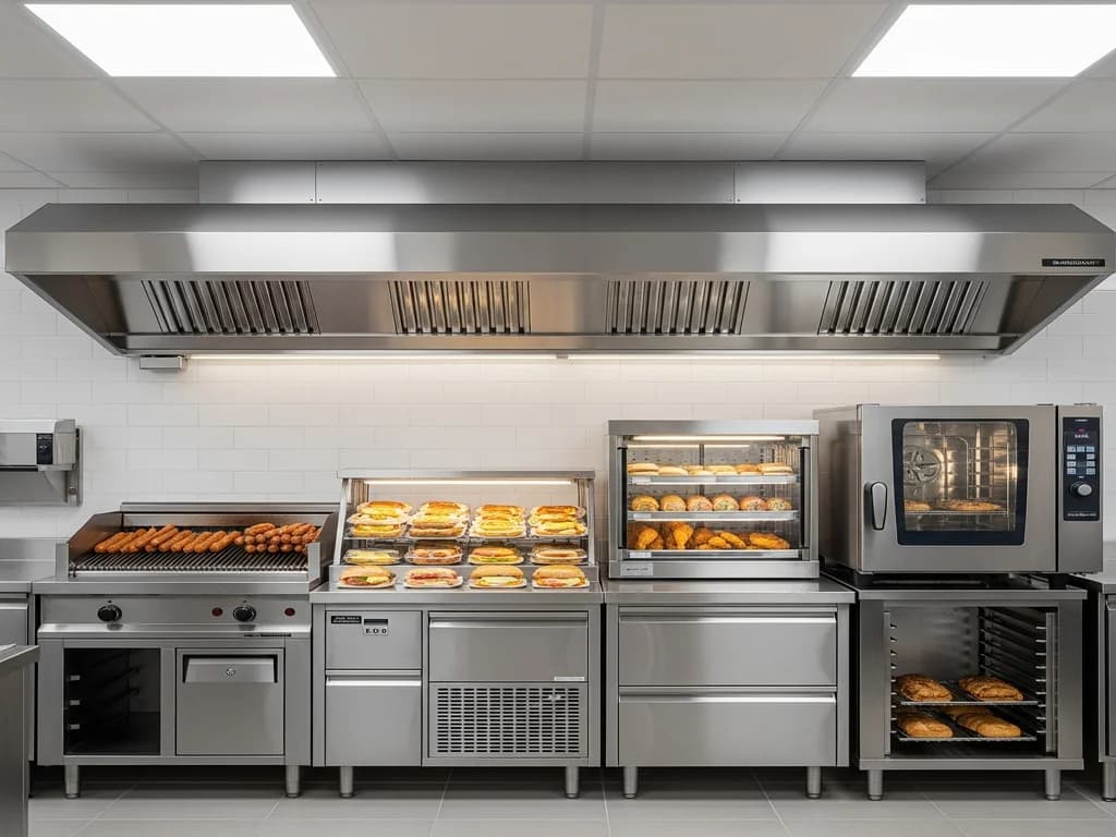 Completed commercial vent hood installation above a c-store hot food program cooking line