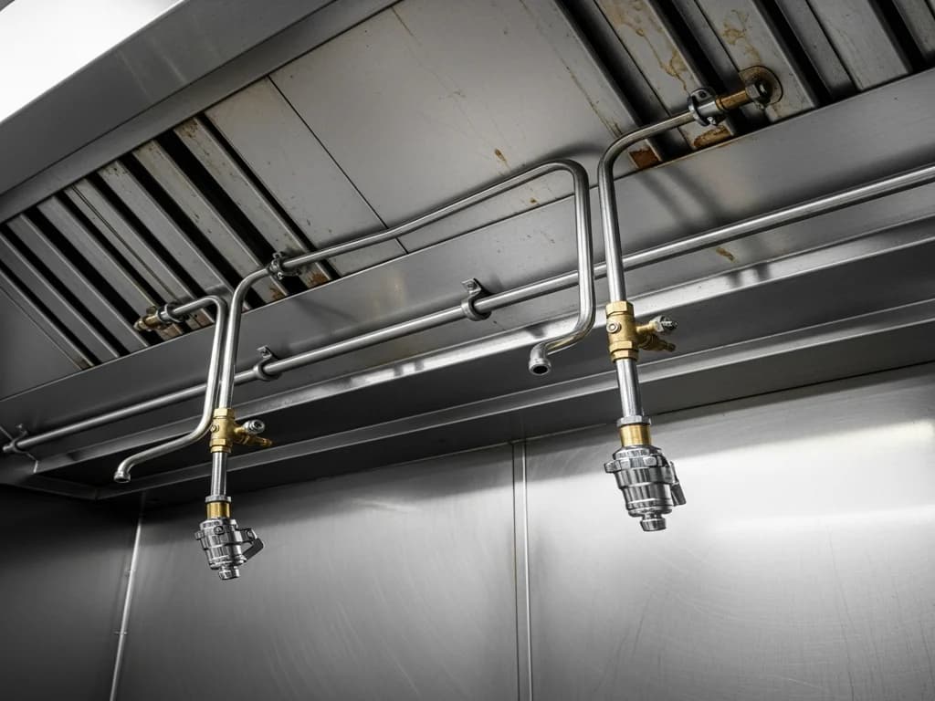 Integrated fire suppression nozzles inside a commercial vent hood positioned over cooking equipment