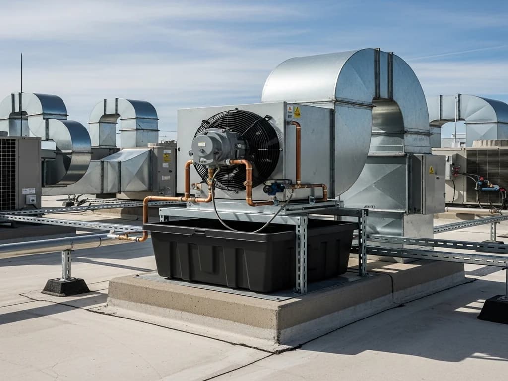 Upblast rooftop exhaust fan on a commercial kitchen hood system with grease containment box