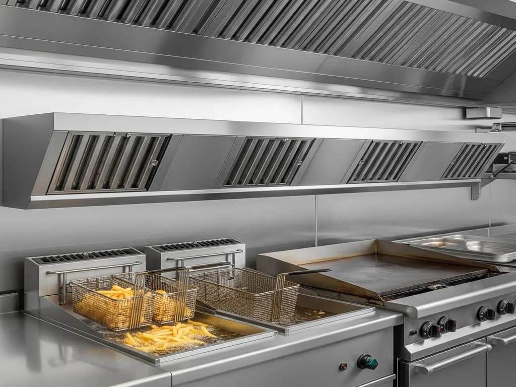 Type 1 commercial vent hood with grease baffle filters installed over deep fryers and flat-top grill