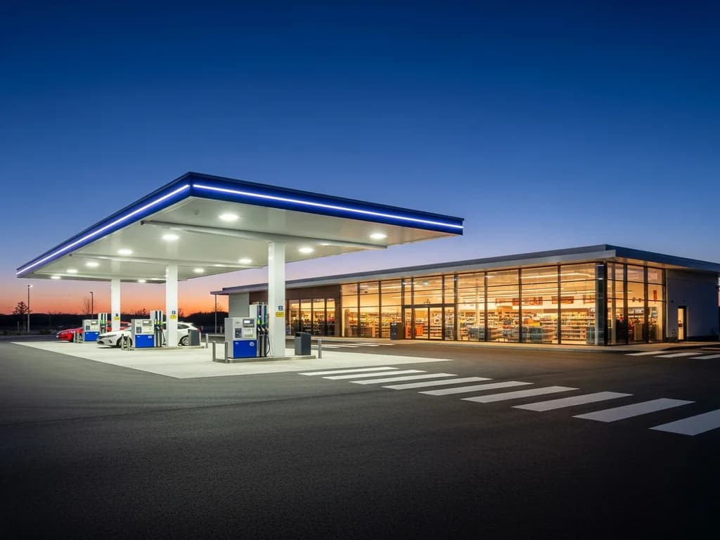 Modern gas station and convenience store exterior with branded canopy, clean curb appeal, and efficient site flow
