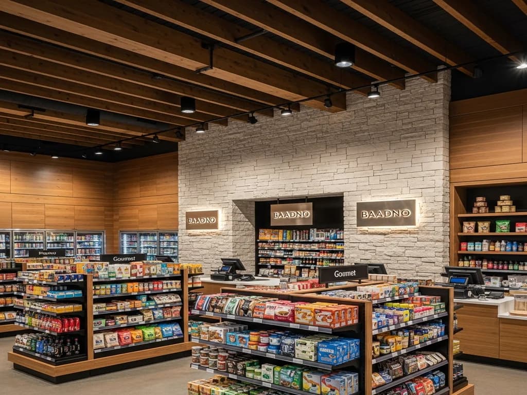 Premium convenience store interior design with contemporary materials, branded signage, and inviting atmosphere