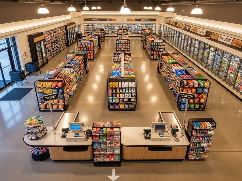 Strategic convenience store layout showing customer traffic flow and product placement for maximum sales