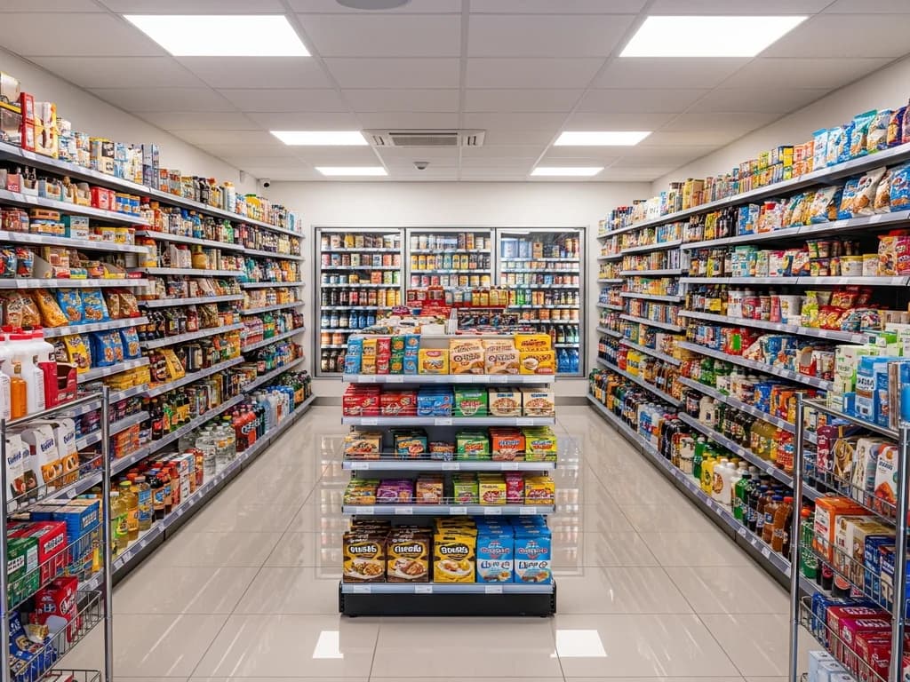Compact convenience store design maximizing small square footage through vertical merchandising and smart fixtures