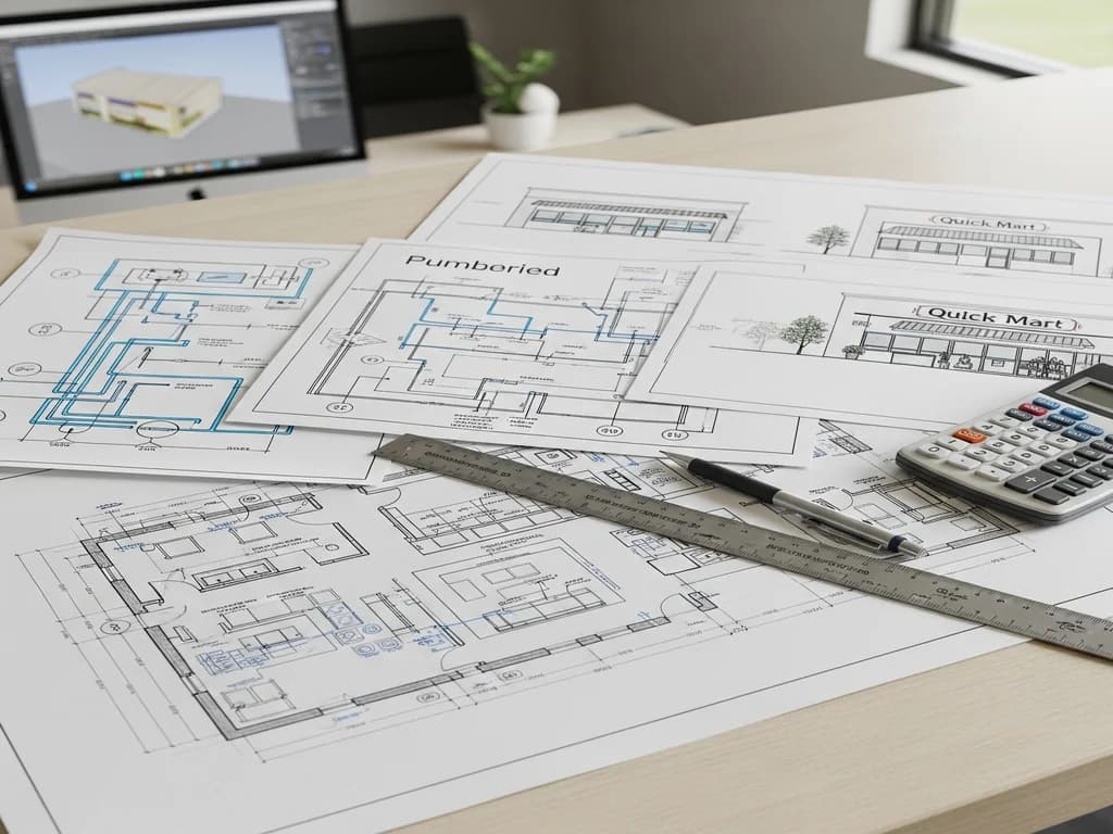 Convenience store architectural drafting with floor plans and MEP drawings on a work surface