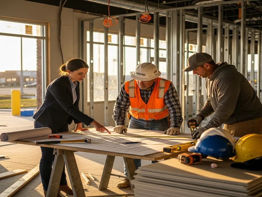Convenience store construction coordination meeting with contractors and project manager on site