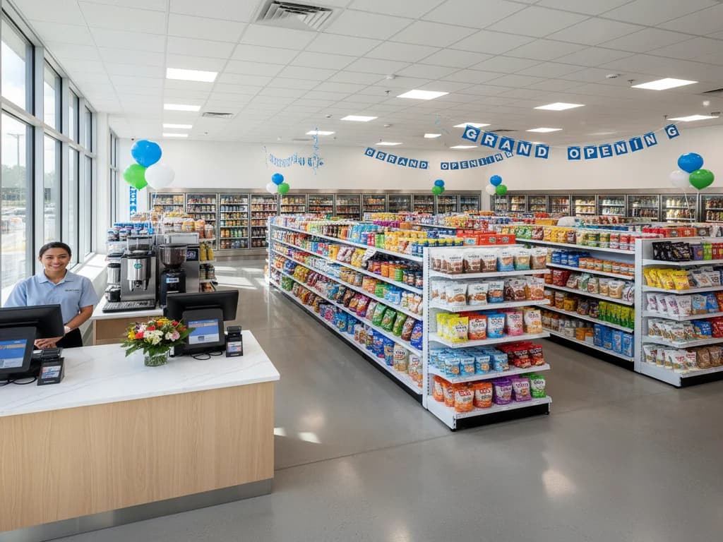 Newly-completed convenience store fully stocked and ready for grand opening day