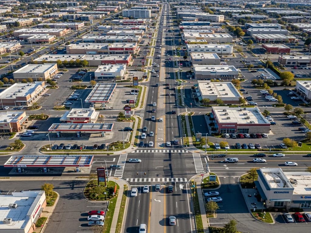 Aerial view of a busy suburban commercial corridor with multiple convenience stores and fuel stations