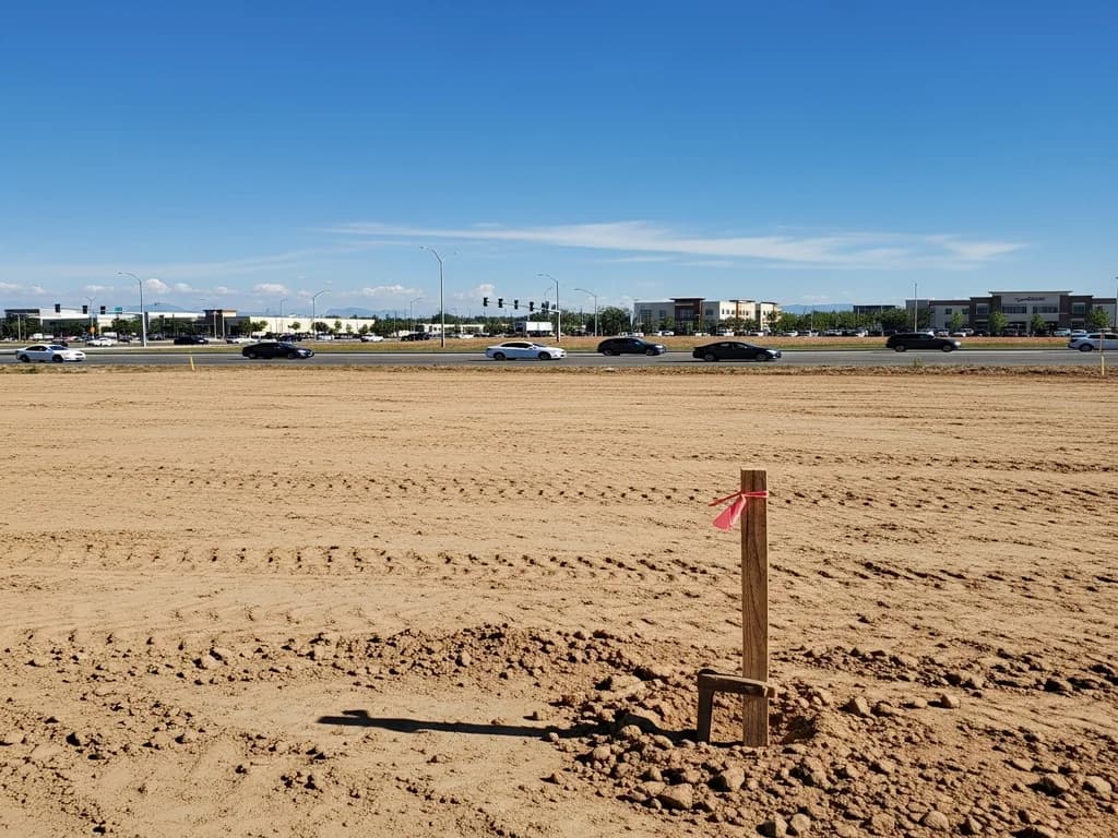 Empty commercial lot with survey stakes ready for convenience store development near a major roadway