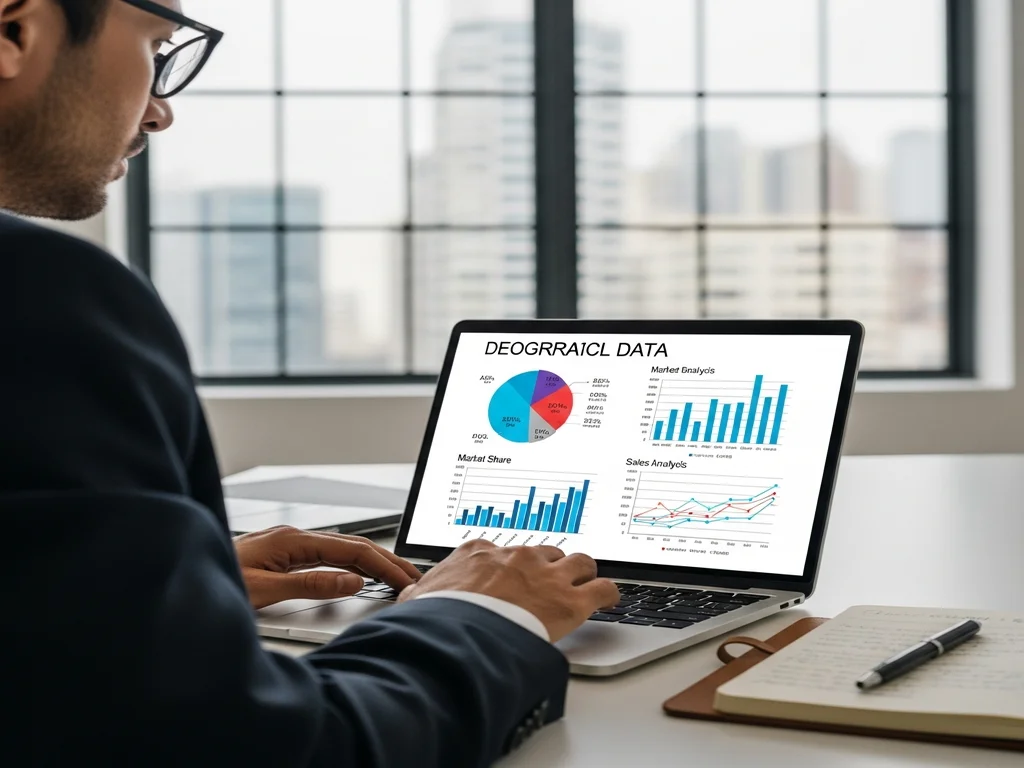 Business professional reviewing demographic data and market analysis charts for a convenience store feasibility study