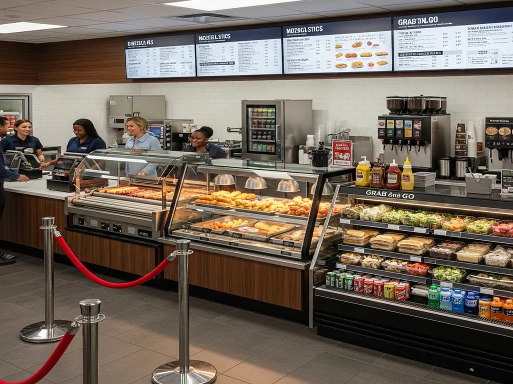 Convenience store floor plan featuring a dedicated hot food service zone with queue management