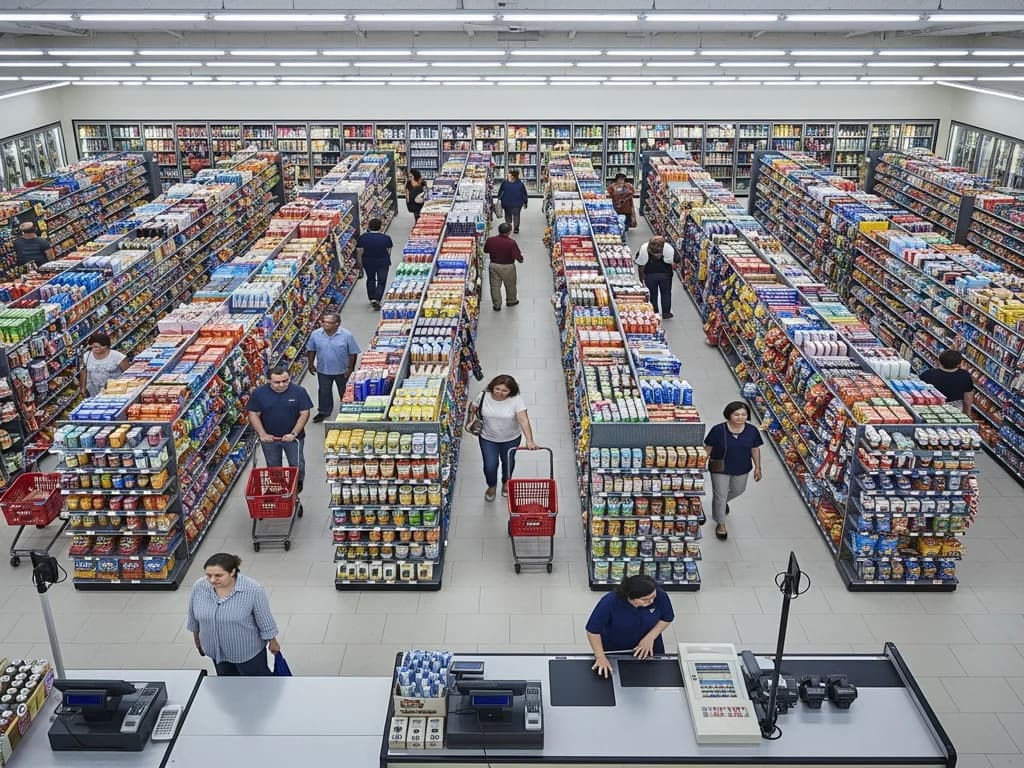 Classic grid layout convenience store floor plan with parallel aisles maximizing shelving density