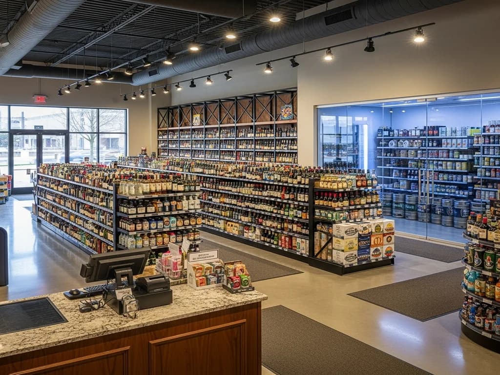 Liquor store floor plan with secure checkout placement, heavy-duty shelving, and walk-in beer cave