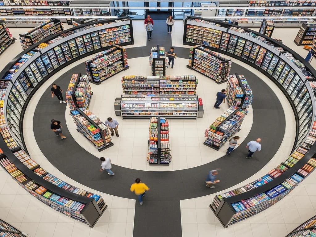 Loop racetrack convenience store floor plan directing customer traffic past all merchandise zones