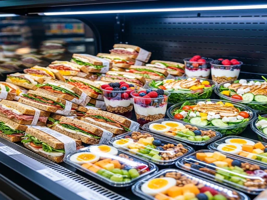 Fresh grab-and-go cooler with sandwiches, salads, and parfaits in a convenience store food service area