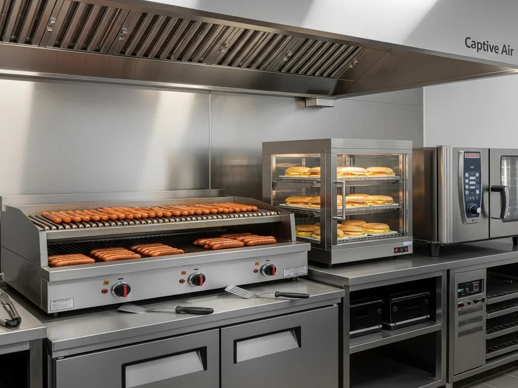 Commercial hot food program cook line with roller grill, heated display, and commercial oven under Captive Air vent hood