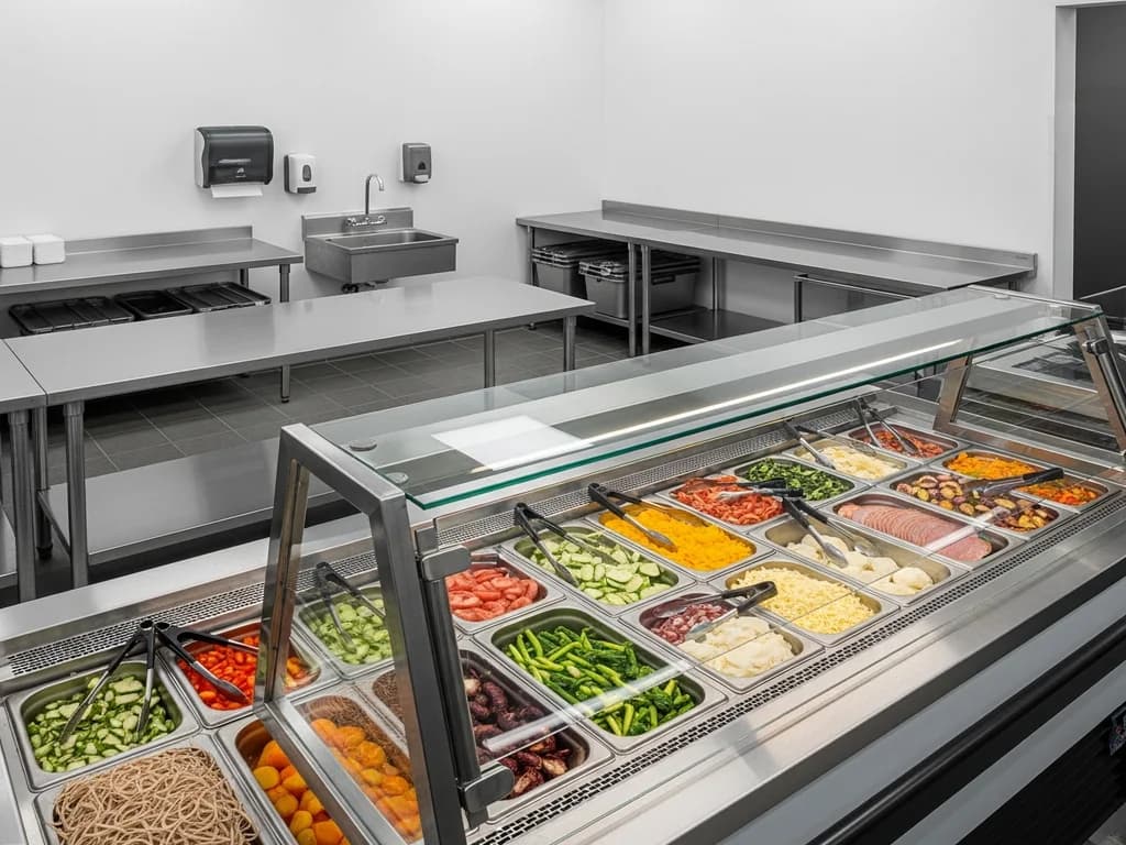 Commercial c-store kitchen prep area with stainless steel work surfaces and refrigerated prep tables