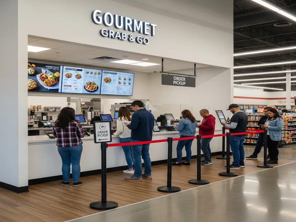 Branded quick-service restaurant integrated inside a convenience store with dedicated ordering and pickup zone