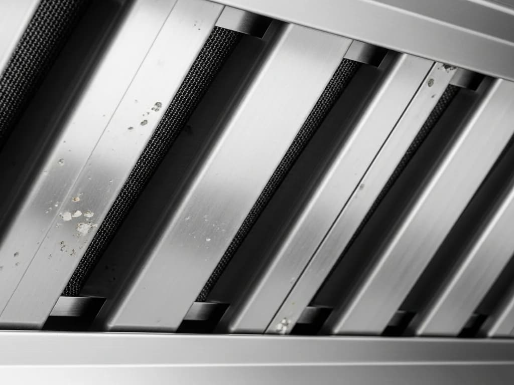 Close-up of stainless steel grease baffle filters inside a Type 1 commercial vent hood