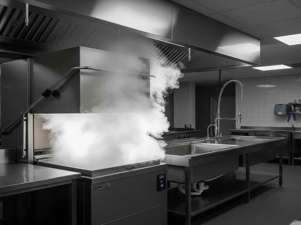 Type 2 commercial vent hood installed over a commercial dishwasher releasing steam