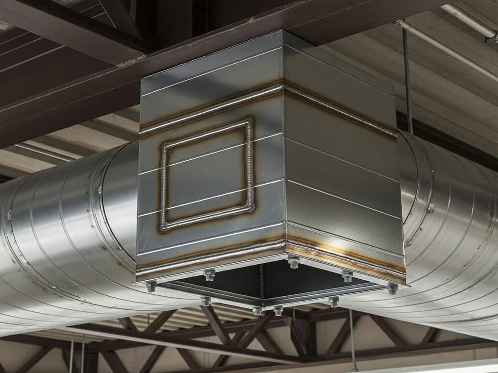 Close-up of heavy-gauge continuously welded grease duct serving a Type 1 commercial hood