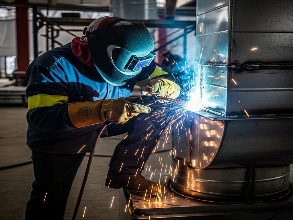 Technician welding heavy-gauge grease ductwork for a commercial vent hood installation