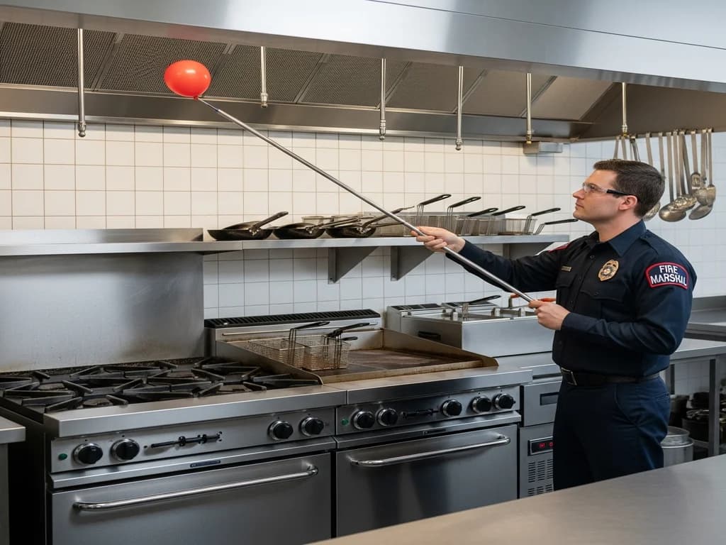 Fire marshal performing a balloon test on the fire suppression system of a newly installed commercial vent hood