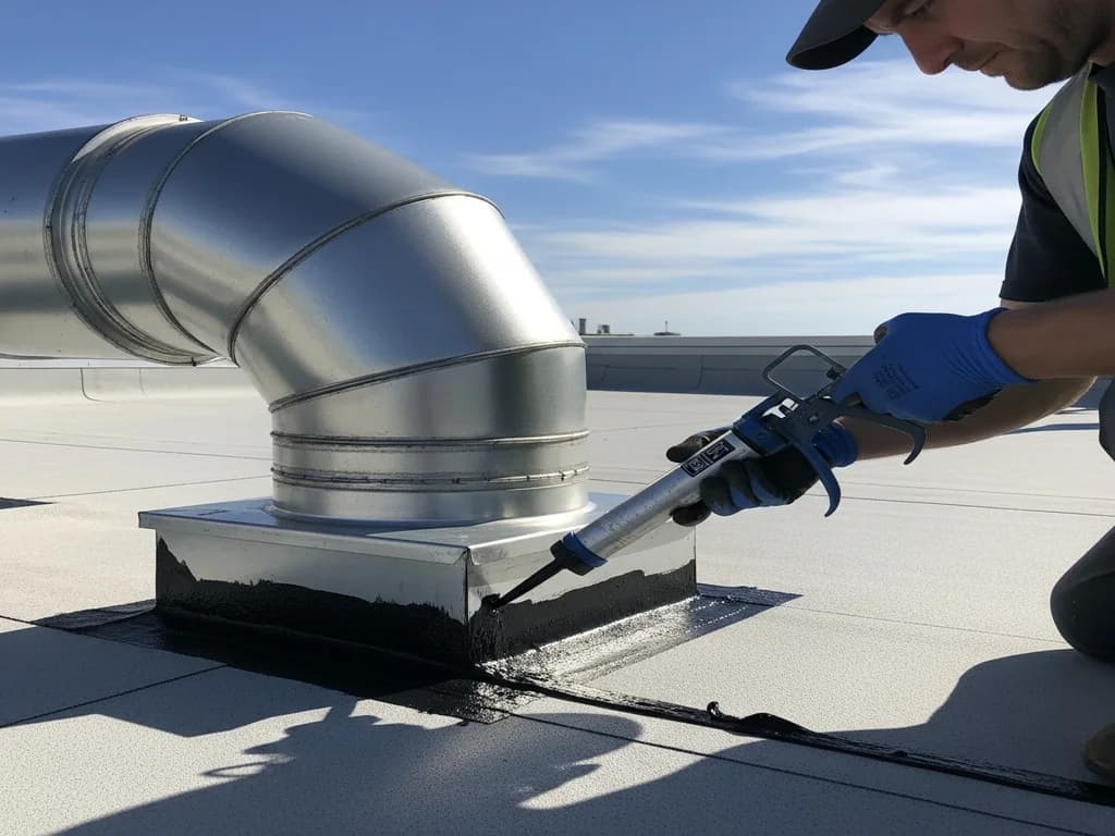 Roof curb penetration with flashing and weatherproofing for a commercial kitchen exhaust duct