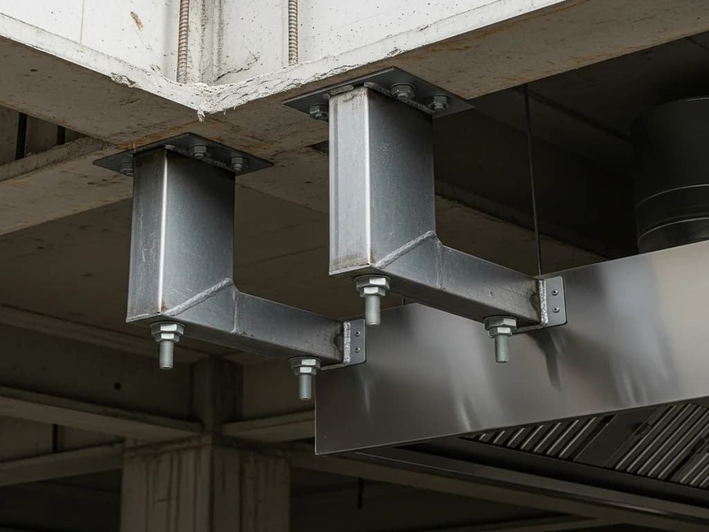 Heavy-duty structural mounting brackets supporting a commercial vent hood from reinforced ceiling framing