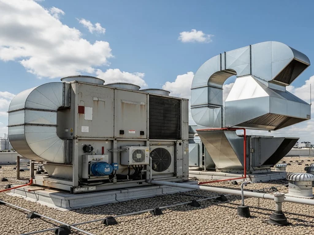 Commercial make-up air unit mounted on a rooftop balancing exhaust from a kitchen hood system