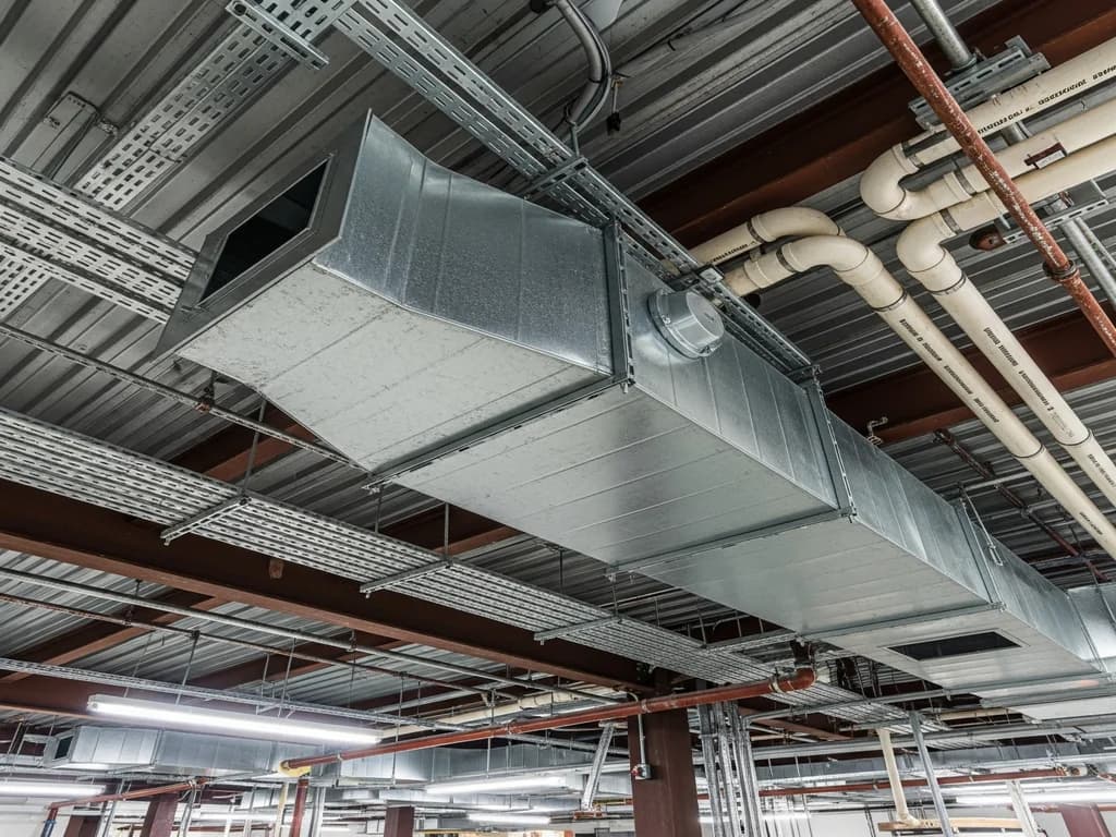 NFPA 96 compliant heavy-gauge welded grease duct installed in a commercial building ceiling space