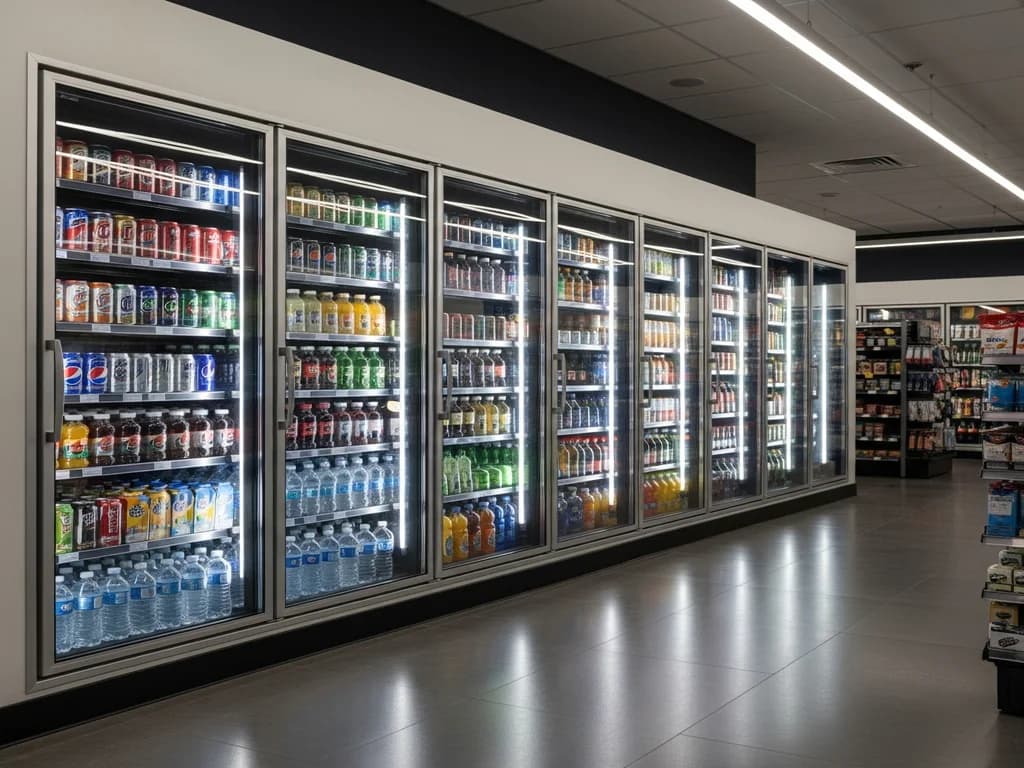 Completed walk-in cooler installation in a convenience store with glass display doors and LED lighting
