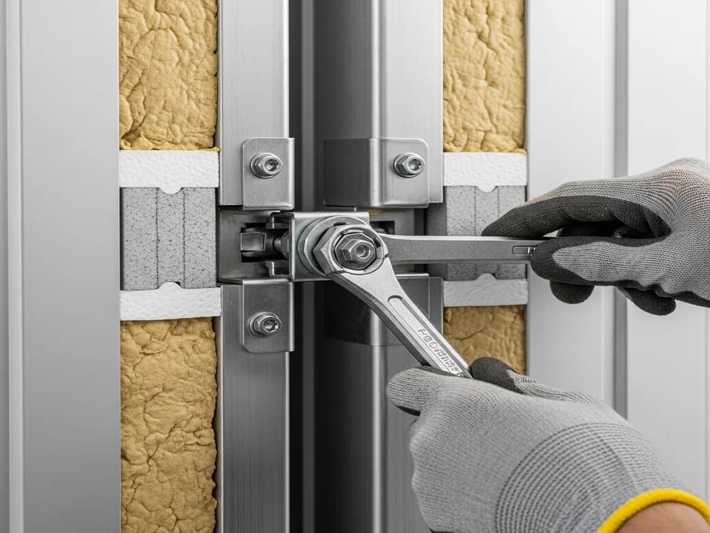 Close-up of insulated walk-in cooler panels joining at a cam-lock connection during structural assembly