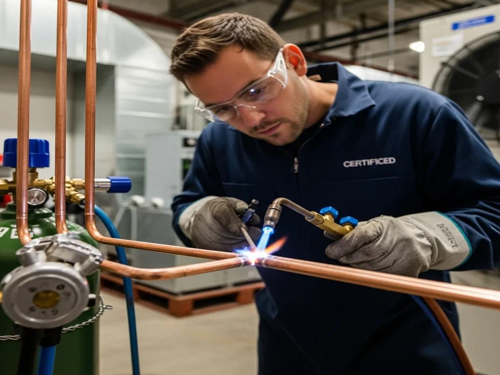 Certified refrigeration technician brazing copper refrigerant lines on a commercial walk-in cooler installation