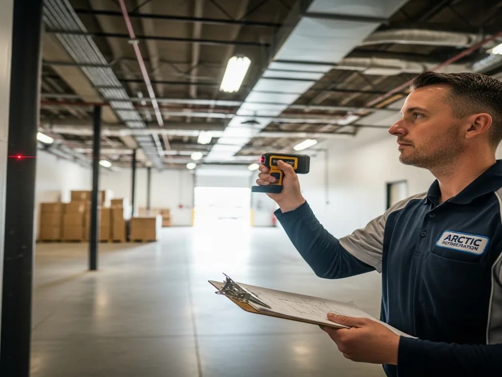 Refrigeration technician conducting a site assessment for a new commercial walk-in cooler installation