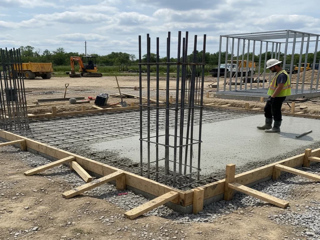 Newly-poured reinforced concrete pad prepared for an outdoor commercial walk-in cooler installation
