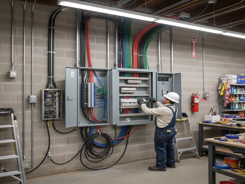 Commercial electrical panel upgrade being performed by a licensed electrician to support a new walk-in cooler