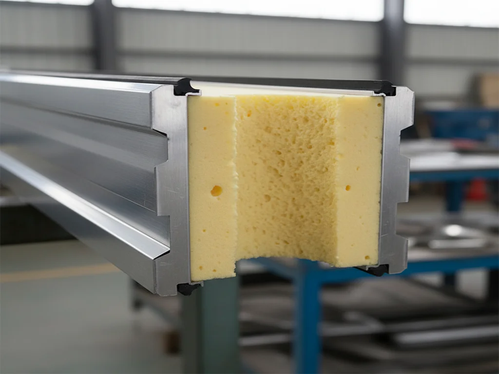 Cross-section of high-density polyurethane insulated panel showing R-value thickness options for commercial walk-in coolers