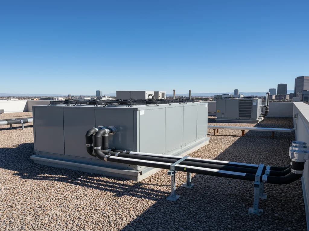 Remote condensing unit installed on a rooftop serving an indoor walk-in cooler