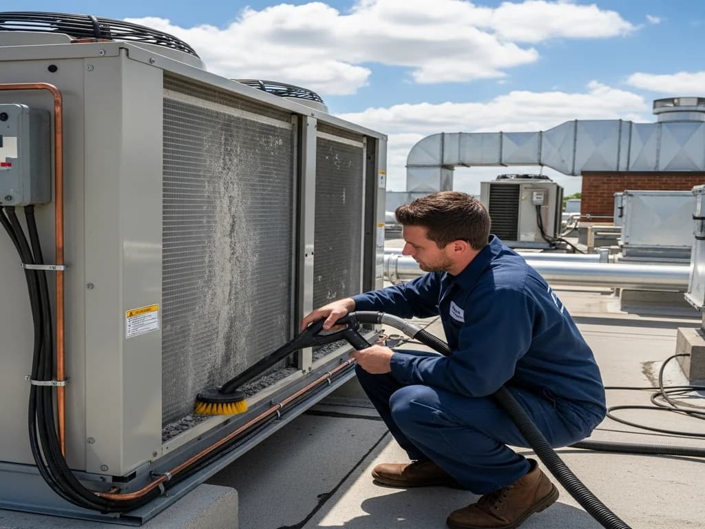 Refrigeration technician cleaning the condenser coil of a commercial walk-in cooler on a rooftop