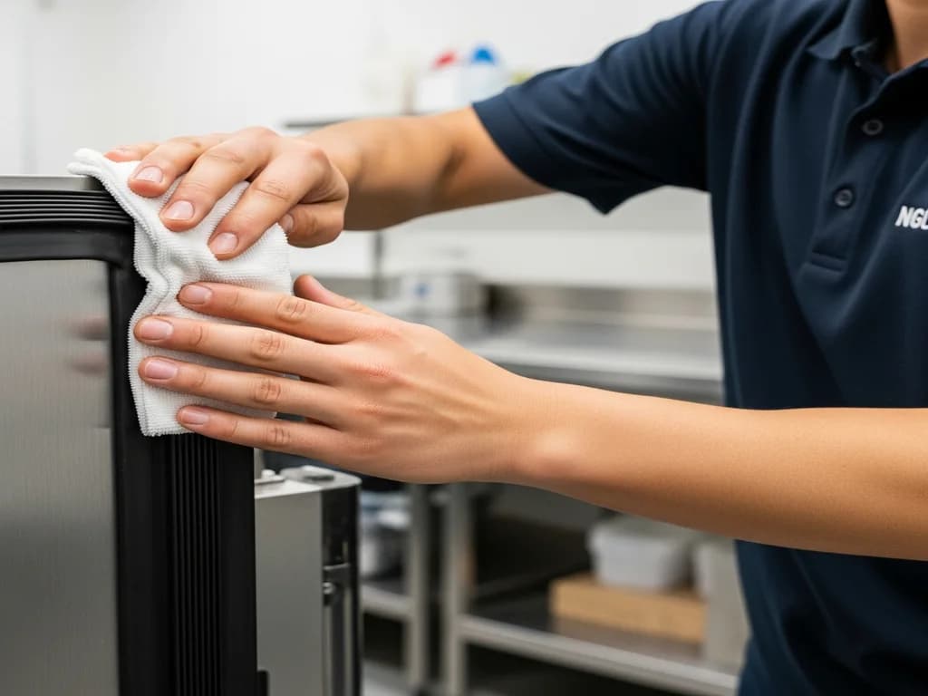Worker cleaning the door gasket of a commercial walk-in cooler during weekly maintenance